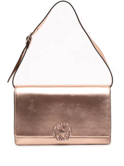 Pre-owned Gucci 2016-2025 Metallic Leather Crystal Embellished Broadway Clutch On Strap Shoulder Bag In Gold