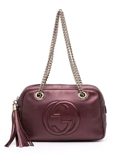 Pre-owned Gucci 2016-2025 Metallic Leather Soho Chain Zip Shoulder Bag In Red