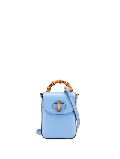 Pre-owned Gucci 2016-2025 Mini Calfskin Bamboo Top Handle Bag Satchel In Blue