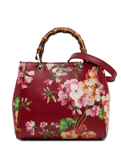 Pre-owned Gucci 2016-2025 Mini Calfskin Blooms Bamboo Shopper Satchel In Red