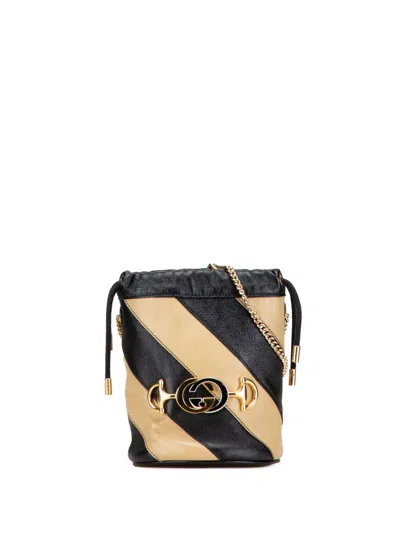 Pre-owned Gucci 2016-2025 Mini Calfskin Diagonal Striped Zumi Bucket Bag In Black
