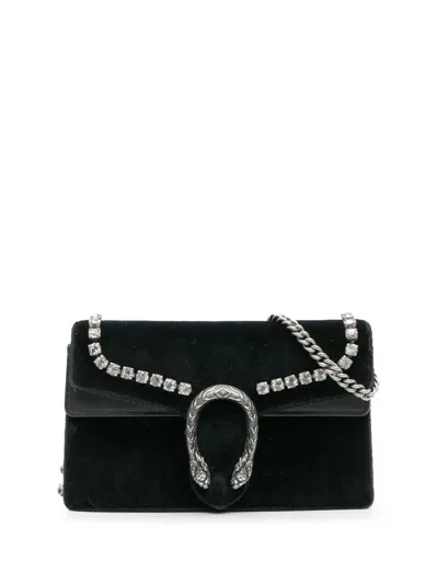 Pre-owned Gucci 2016-2025 Mini Crystal Embellished Velvet Dionysus Crossbody Bag In Black