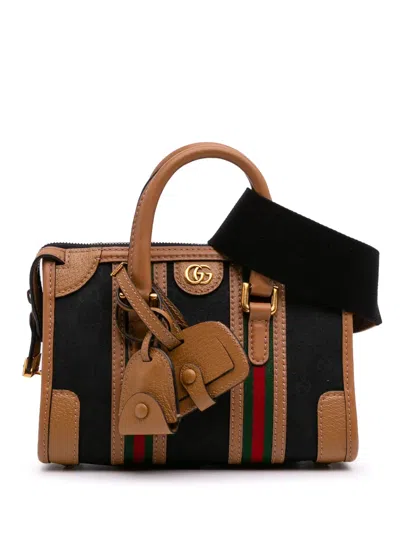 Pre-owned Gucci 2016-2025 Mini Gg Canvas Web Bauletto Top Handle Bag Satchel In Brown