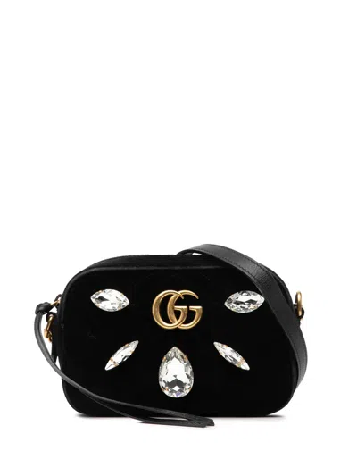Pre-owned Gucci 2016-2025 Mini Gg Marmont Crystal Embellished Matelasse Velvet Crossbody Bag In Black