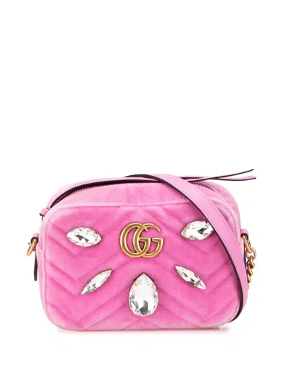 Pre-owned Gucci 2016-2025 Mini Gg Marmont Crystal Embellished Matelasse Velvet Crossbody Bag In Pink