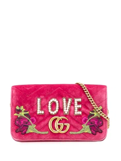 Pre-owned Gucci 2016-2025 Mini Gg Marmont Embroidered Matelasse Velvet Love Wallet On Chain Crossbody Bag In Pink