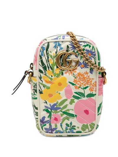 Pre-owned Gucci 2016-2025 Mini Gg Marmont Floral Printed Matelasse Leather Crossbody Bag In White
