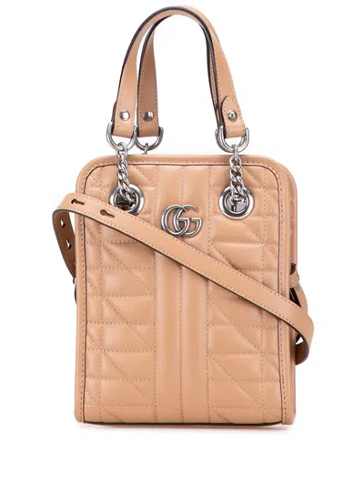 Pre-owned Gucci 2016-2025 Mini Gg Marmont Matelasse Leather Aria Satchel In Brown