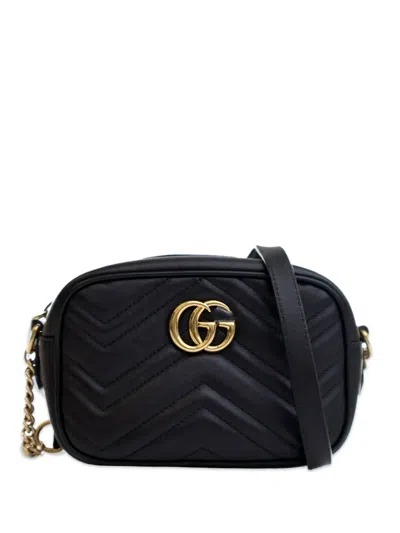 Pre-owned Gucci 2016-2025 Mini Gg Marmont Matelasse Leather Crossbody Bag In Black