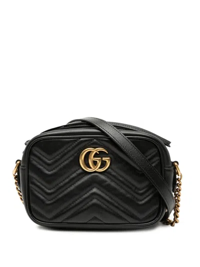 Pre-owned Gucci 2016-2025 Mini Gg Marmont Matelasse Leather Crossbody Bag In Black