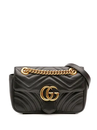Pre-owned Gucci 2016-2025 Mini Gg Marmont Matelasse Leather Flap Crossbody Bag In Black