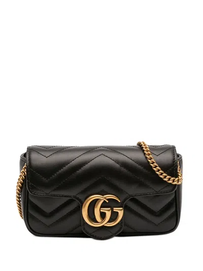 Pre-owned Gucci 2016-2025 Mini Gg Marmont Matelasse Leather Flap Crossbody Bag In Black