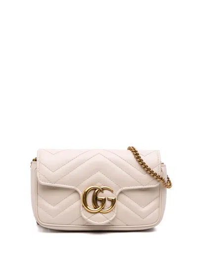 Pre-owned Gucci 2016-2025 Mini Gg Marmont Matelasse Leather Flap Crossbody Bag In White