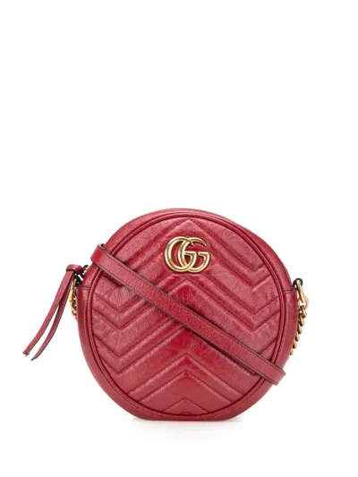 Pre-owned Gucci 2016-2025 Mini Gg Marmont Matelasse Leather Round Crossbody Bag In Red