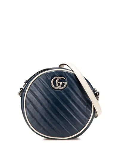 Pre-owned Gucci 2016-2025 Mini Gg Marmont Matelasse Leather Torchon Round Crossbody Bag In Blue