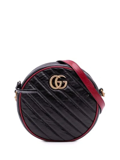 Pre-owned Gucci 2016-2025 Mini Gg Marmont Matelasse Leather Torchon Round Crossbody Bag In Black