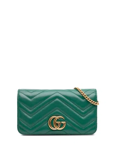 Pre-owned Gucci 2016-2025 Mini Gg Marmont Matelasse Leather Wallet On Chain Crossbody Bag In Green