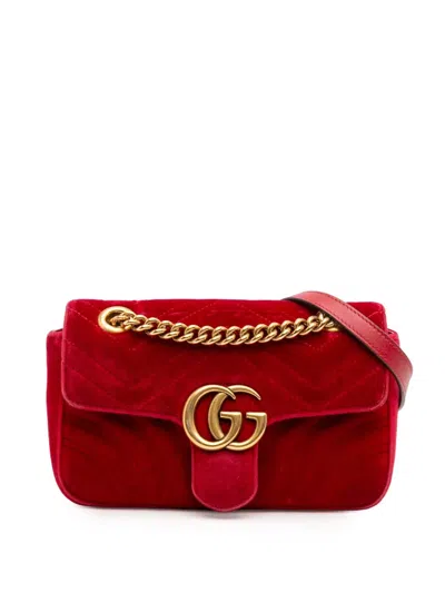 Pre-owned Gucci 2016-2025 Mini Gg Marmont Matelasse Velvet Flap Crossbody Bag In Red