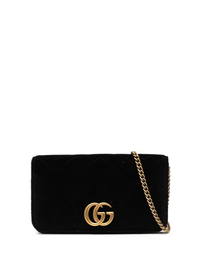 Pre-owned Gucci 2016-2025 Mini Gg Marmont Matelasse Velvet Wallet On Chain Crossbody Bag In Black