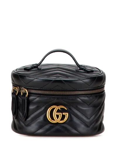 Pre-owned Gucci 2016-2025 Mini Gg Marmont Round Matelasse Leather Vanity Bag In Black