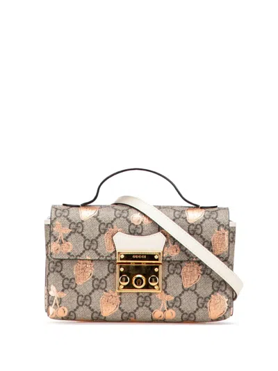 Pre-owned Gucci 2016-2025 Mini Gg Supreme Berry Padlock Satchel In Brown