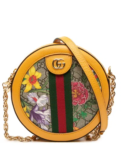 Pre-owned Gucci 2016-2025 Mini Gg Supreme Flora Ophidia Round Crossbody Bag In Brown