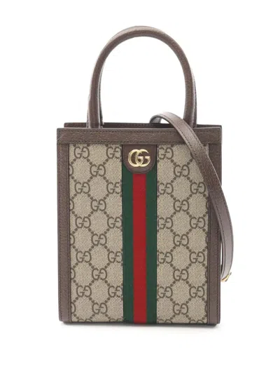 Pre-owned Gucci 2016-2025 Mini Gg Supreme Ophidia Web Satchel In Brown