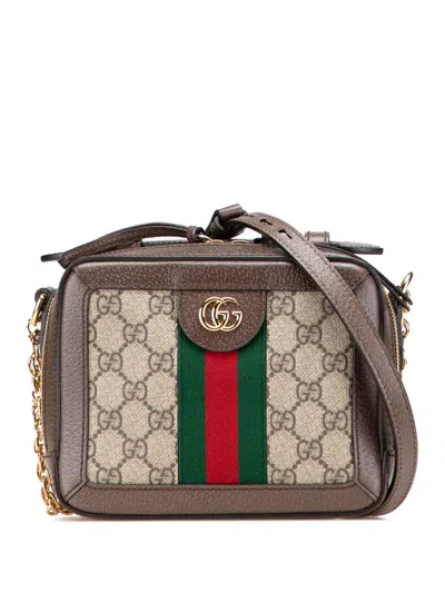 Pre-owned Gucci 2016-2025 Mini Gg Supreme Web Ophidia Satchel In Brown