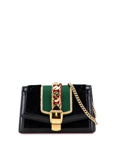 Pre-owned Gucci 2016-2025 Mini Gg Velvet Sylvie Shoulder Bag In Black