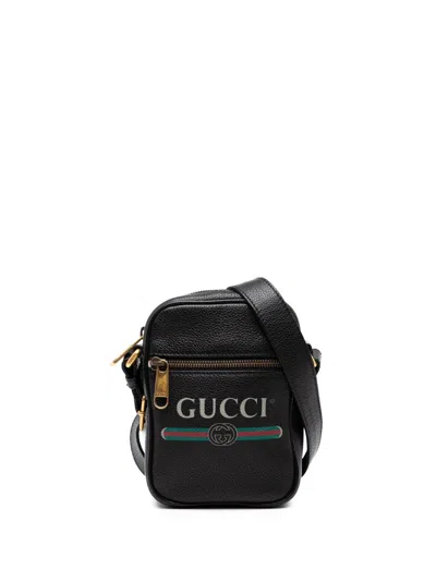 Pre-owned Gucci 2016-2025 Mini Grained Calfskin Logo Crossbody Bag In Black