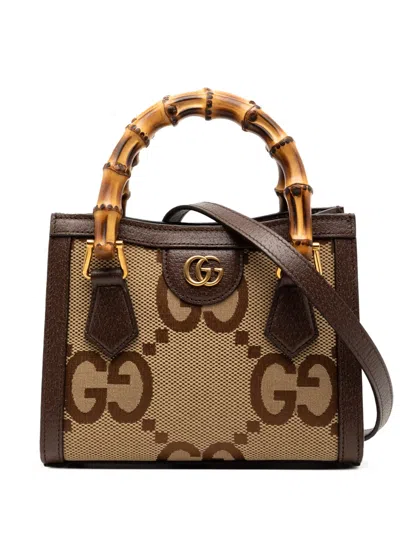 Pre-owned Gucci 2016-2025 Mini Jumbo Gg Canvas Bamboo Diana Satchel In Brown