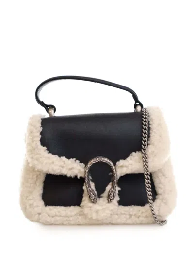 Pre-owned Gucci 2016-2025 Mini Leather And Shearling Dionysus Top Handle Bag Satchel In Black