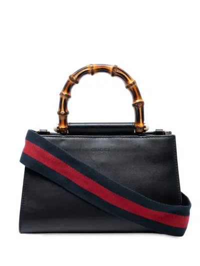 Pre-owned Gucci 2016-2025 Mini Nappa Bamboo Nymphaea Top Handle Bag Satchel In Black