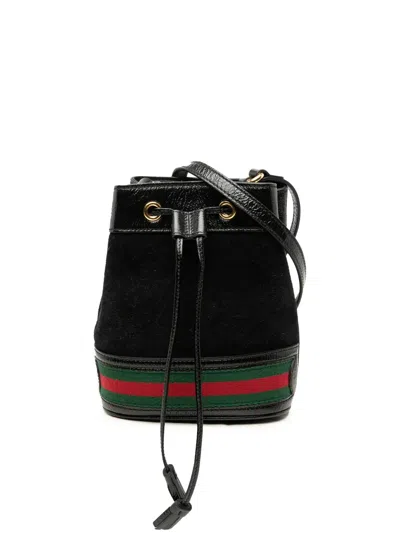 Pre-owned Gucci 2016-2025 Mini Suede And Patent Web Ophidia Bucket Bag In Black