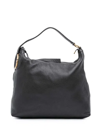 Pre-owned Gucci 2016-2025 Pebbled Calfskin Twill Hobo Shoulder Bag In Black