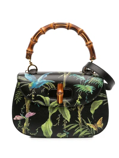 Pre-owned Gucci 2016-2025 Printed Calfskin Tropical Bamboo Night Satchel In Black