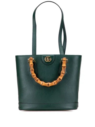 Pre-owned Gucci 2016-2025 Small Calfskin Bamboo Diana Convertible Bucket Bag In Green