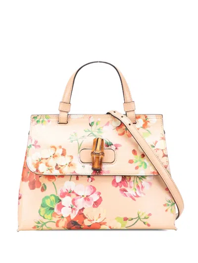 Pre-owned Gucci 2016-2025 Small Calfskin Blooms Bamboo Daily Satchel In Pink
