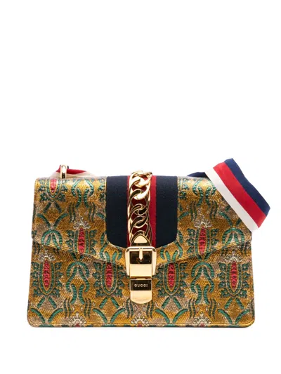Pre-owned Gucci 2016-2025 Small Canvas Brocade Sylvie Satchel In Gold