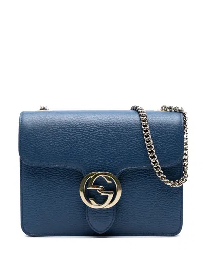 Pre-owned Gucci 2016-2025 Small Dollar Calfskin Interlocking G Crossbody Bag In Blue