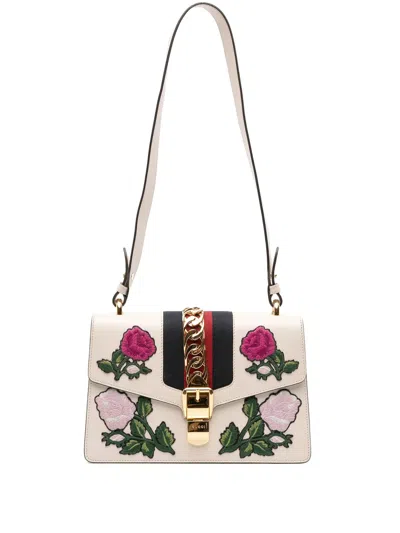 Pre-owned Gucci 2016-2025 Small Floral Embroidered Leather Sylvie Satchel In White
