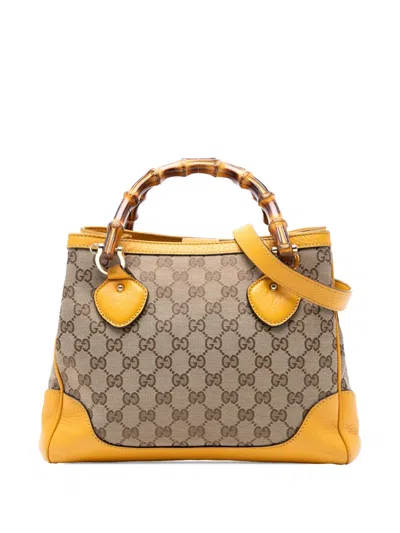 Pre-owned Gucci 2016-2025 Small Gg Canvas Diana Bamboo Top Handle Tote Satchel In Brown