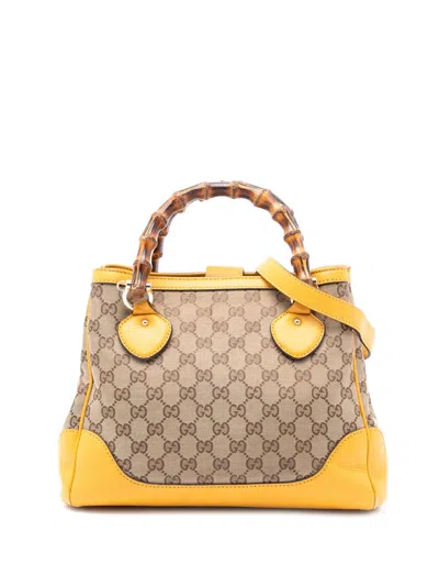 Pre-owned Gucci 2016-2025 Small Gg Canvas Diana Bamboo Top Handle Tote Satchel In Brown