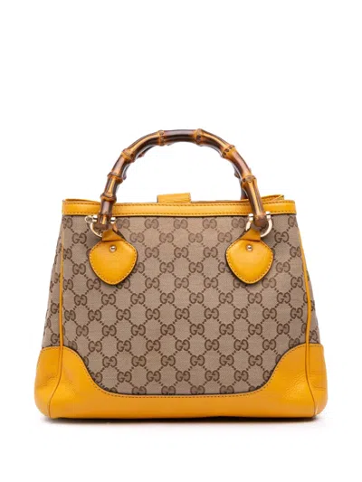 Pre-owned Gucci 2016-2025 Small Gg Canvas Diana Bamboo Top Handle Tote Satchel In Yellow