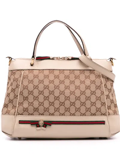 Pre-owned Gucci 2016-2025 Small Gg Canvas Web Mayfair Satchel In Brown