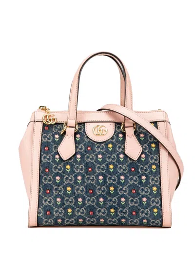 Pre-owned Gucci 2016-2025 Small Gg Denim Embroidery Ophidia Satchel In Blue