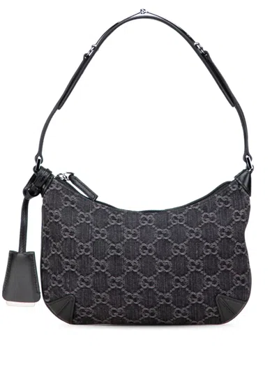 Pre-owned Gucci 2016-2025 Small Gg Denim Horsebit Slim Hobo Bag In Black