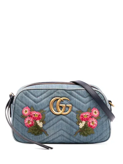Pre-owned Gucci 2016-2025 Small Gg Marmont Embroidered Matelasse Denim Crossbody Bag In Blue