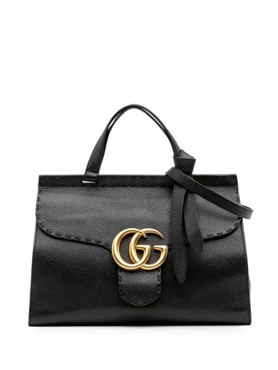 Pre-owned Gucci 2016-2025 Small Gg Marmont Grained Calfskin Top Handle Satchel In Black