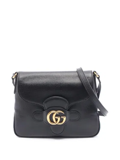 Pre-owned Gucci 2016-2025 Small Gg Marmont Leather Dahlia Crossbody Bag In Black